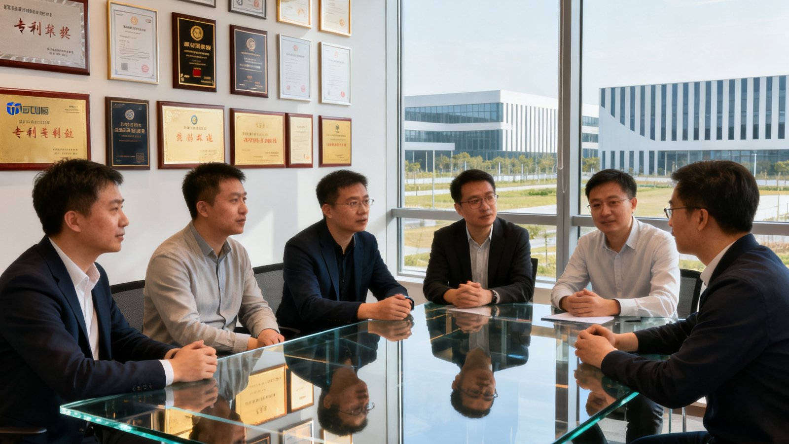 币游国际创始团队在深圳研发中心会议室进行产品研讨，六位核心成员围坐在透明玻璃桌前，墙上挂满专利证书和荣誉奖牌，窗外可见现代化产业园区。