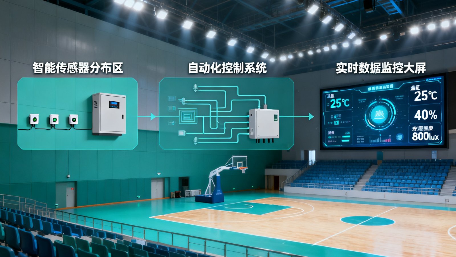 智慧体育场馆建设运营示意图，展示配备智能传感器和自动化控制系统的现代化体育馆内部，包含可调节灯光、温控设备和实时数据监控大屏。