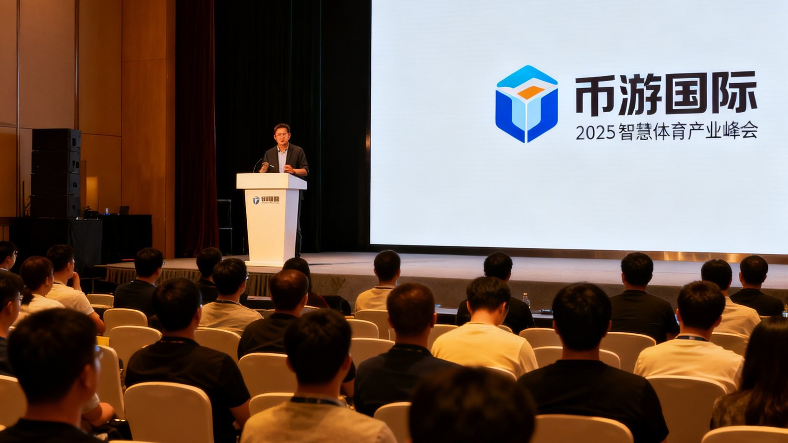 2025智慧体育产业峰会现场照片，演讲台上嘉宾正在进行主题分享，台下座无虚席，大屏幕显示币游国际品牌标识。