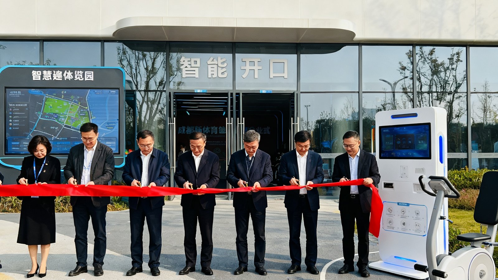 成都高新区体育公园开业仪式现场，多位领导共同剪彩，公园入口处展示了智慧导览大屏和智能健身器材。