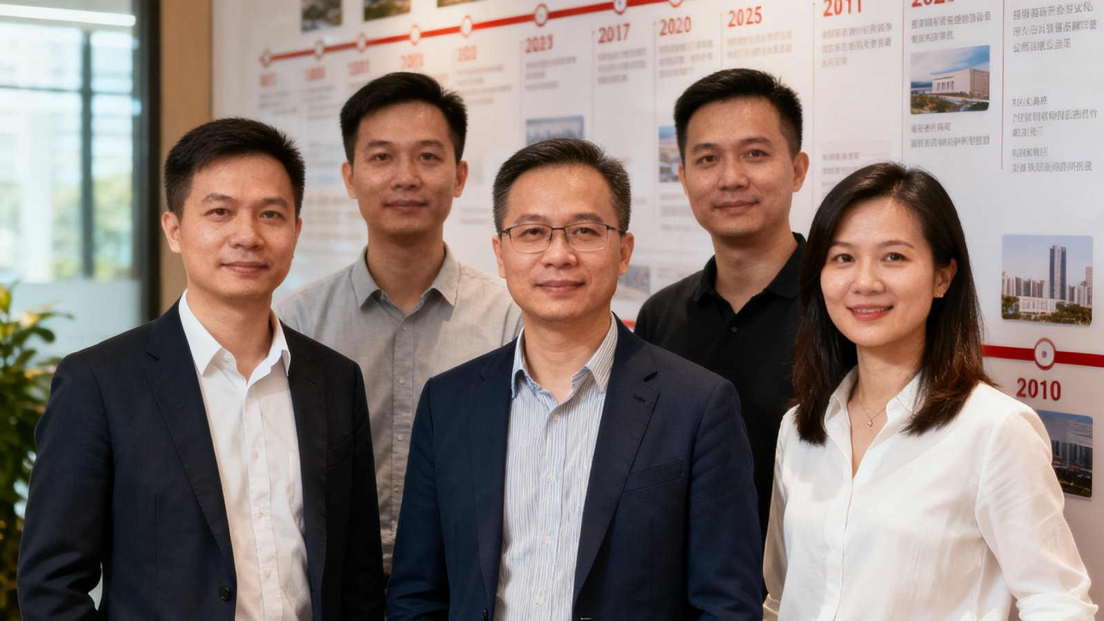 币游国际核心管理团队五人合影，背景为公司深圳总部的企业文化墙，团队成员身着商务休闲装，神态自信从容，墙上展示着公司发展历程时间轴。
